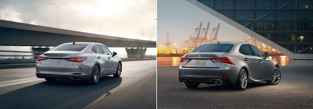 Silver 2020 Lexus ES Rear Exterior on a Freeway vs Gray 2020 Lexus IS Rear Exterior at a Marina