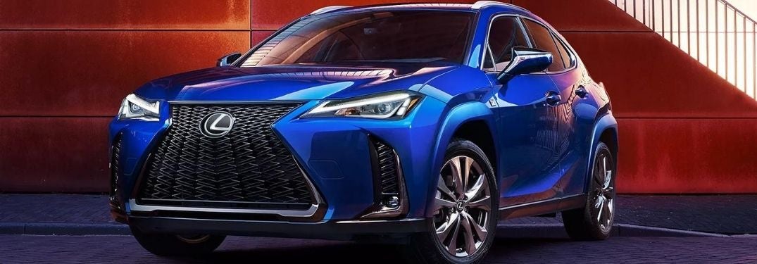 Blue 2022 Lexus UX Front Exterior on a City Street