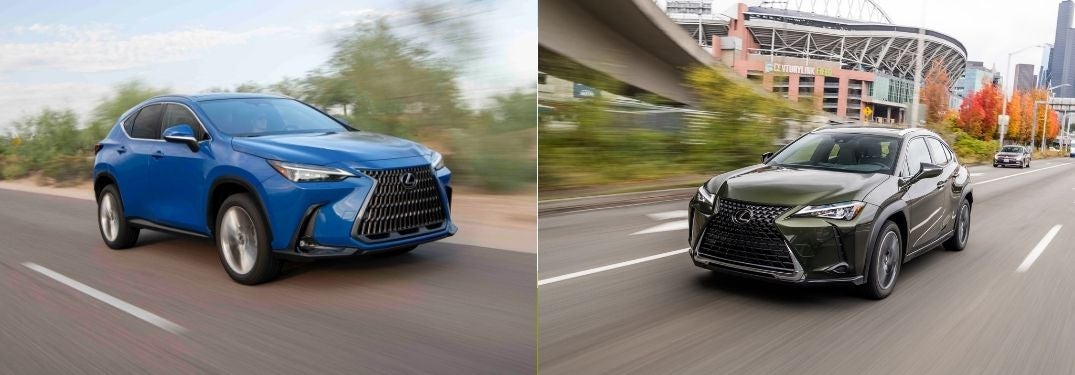 Blue 2022 Lexus NX Front vs Green 2022 Lexus UX Front Exterior