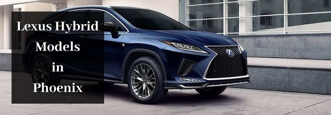 Blue 2020 Lexus RX Hybrid on City Street with Black Text Box and White Lexus Hybrid Models in Phoenix Text
