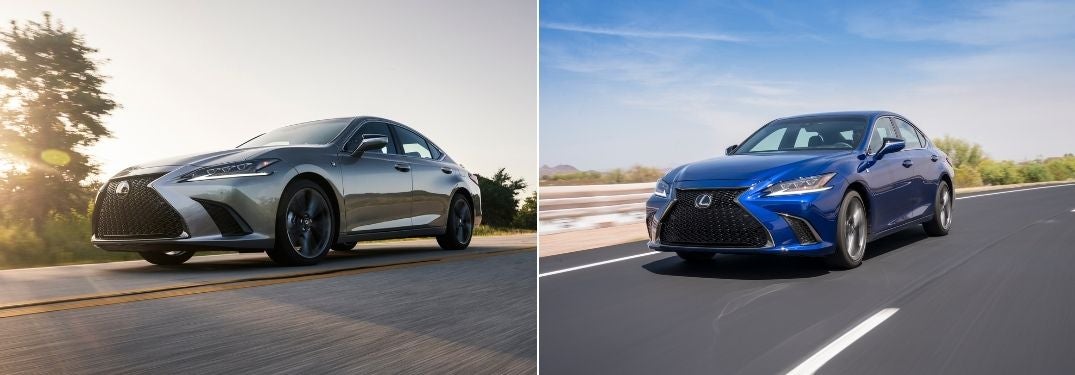 Gray 2021 Lexus ES 250 AWD on a Country Road vs Blue 2020 Lexus ES on Desert Highway