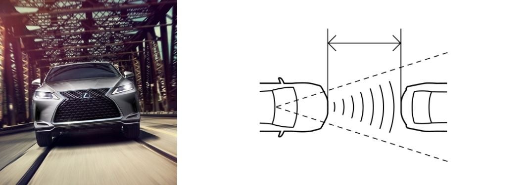 Gray 2021 Lexus RX on a Bridge with Black and White Diagram of Dynamic Radar Cruise Control