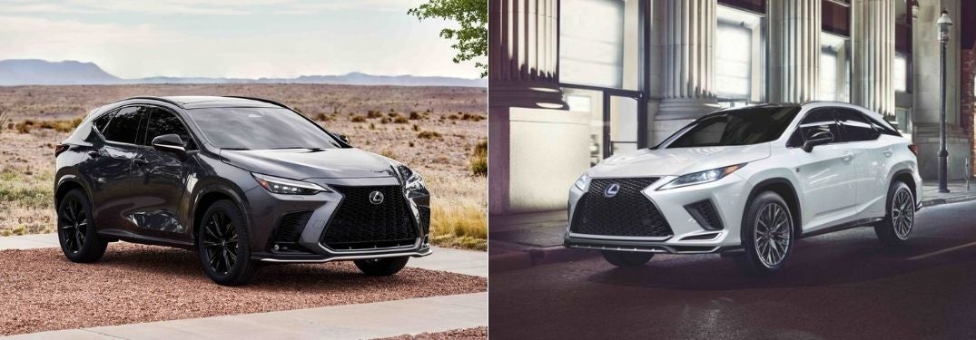 Gray 2022 Lexus NX Front Exterior in a Driveway vs White 2022 Lexus RX Front Exterior on a City Street