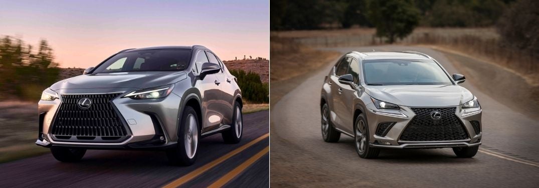 Silver 2022 Lexus NX Front Exterior on Desert Highway vs Silver 2021 Lexus NX Front Exterior on Country Road
