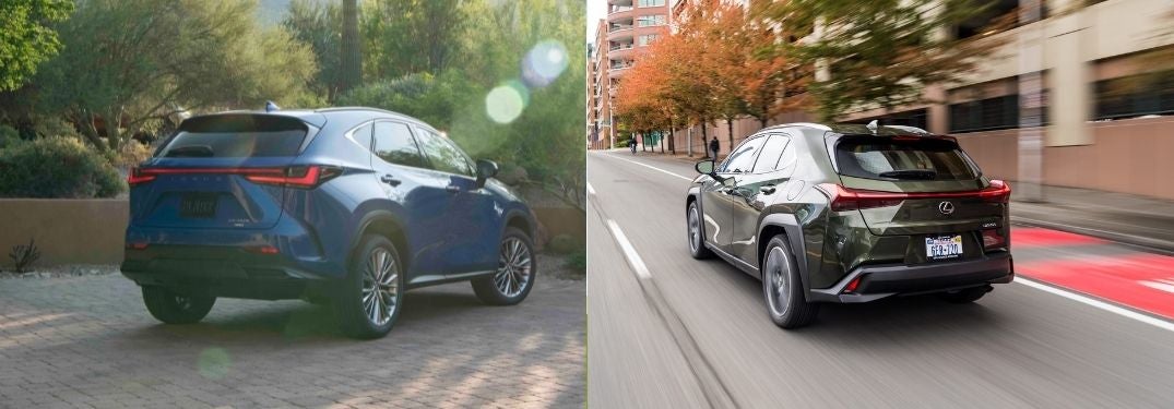 Blue 2022 Lexus NX Rear Exterior vs Green 2022 Lexus UX Rear Exterior
