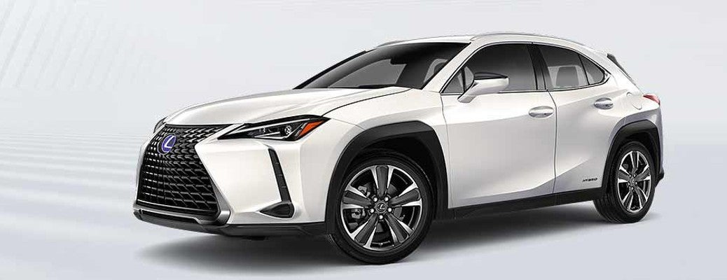 A white 2022 Lexus EV parked in a white room, as seen in front 3/4 view.