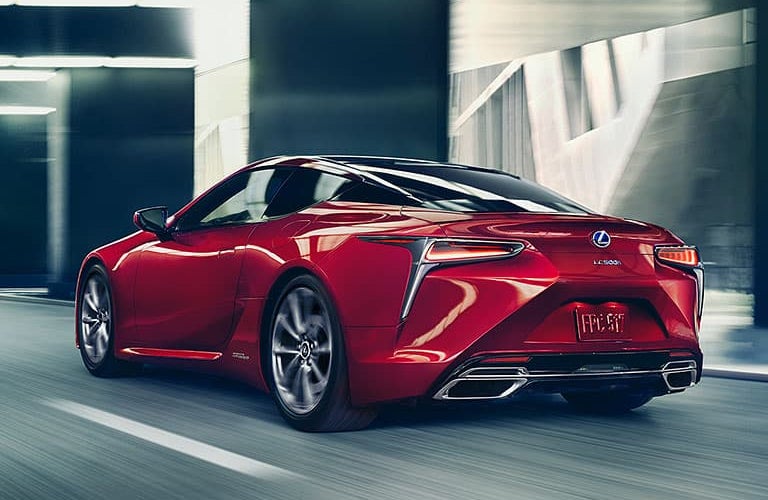 Red 2020 Lexus LC Hybrid Rear Exterior on a City Street