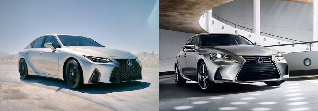 Silver 2021 Lexus IS on a Desert Road vs Silver 2020 Lexus IS on a Parking Ramp