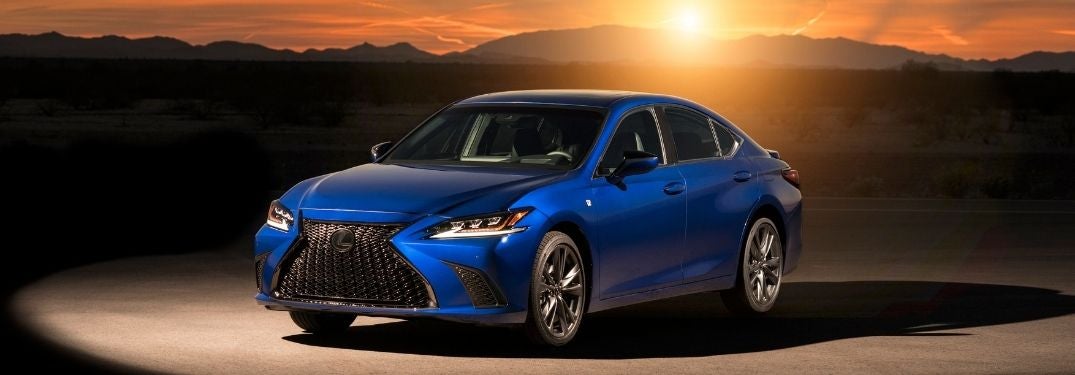 Blue 2021 Lexus ES Front Exterior in a Desert at Sunset