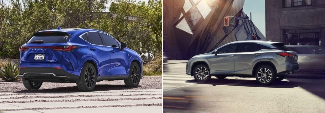 Blue 2022 Lexus NX Rear Exterior in a Driveway vs Silver 2022 Lexus RX Rear Exterior on a City Street