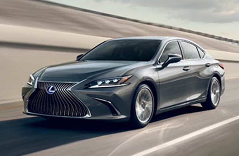Gray 2019 Lexus ES Hybrid on a Track