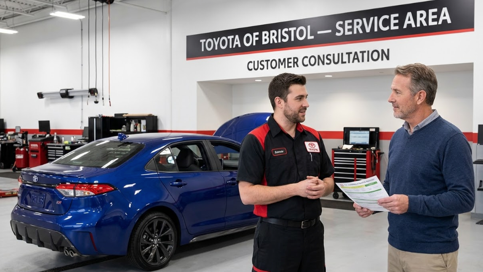 Toyota hybrid battery service discussion with Toyota of Bristol technician and customer