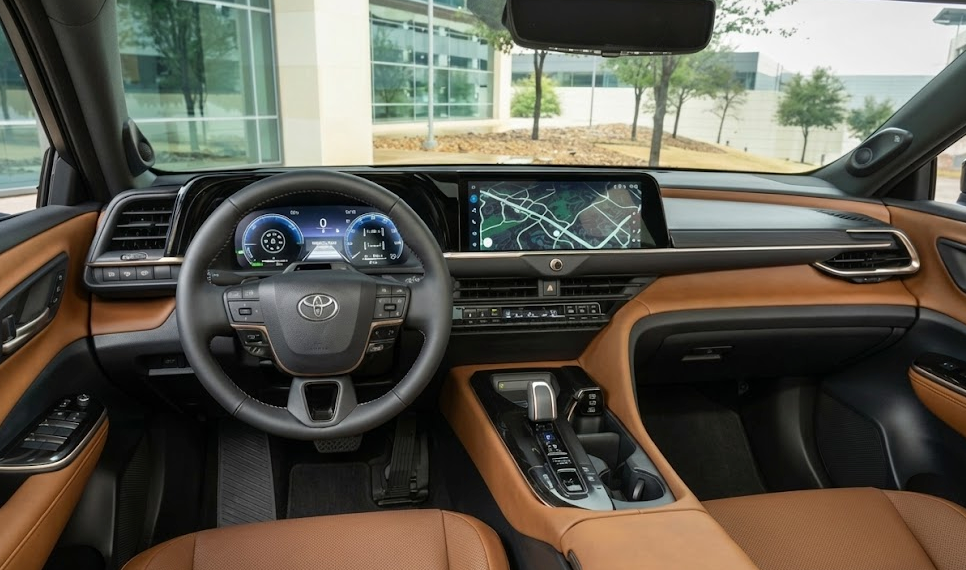 Toyota Crown interior dashboard with digital displays and premium seating