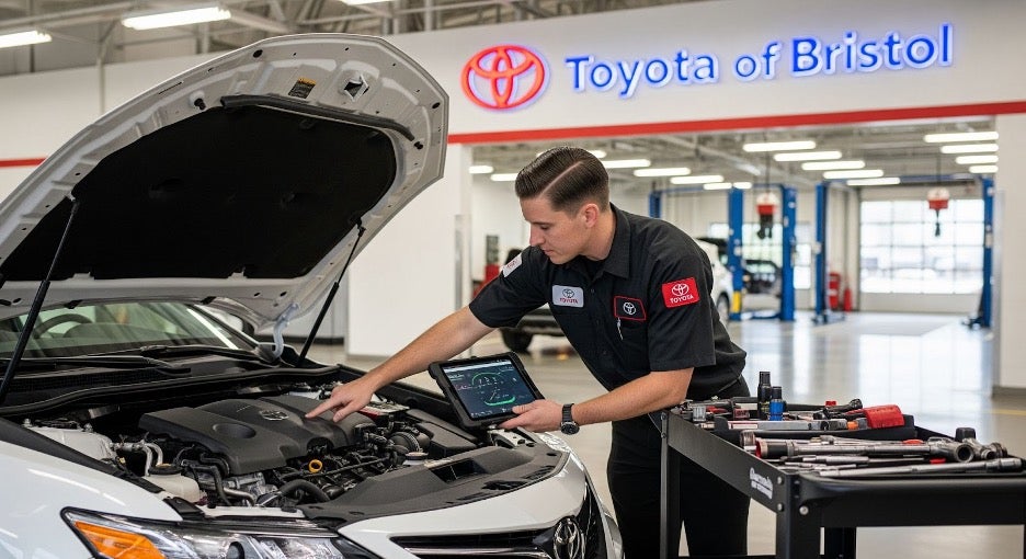 Toyota technician inspecting engine components of a Toyota sedan at Toyota of Bristol service center, with hood open and diagnostic tools in use.