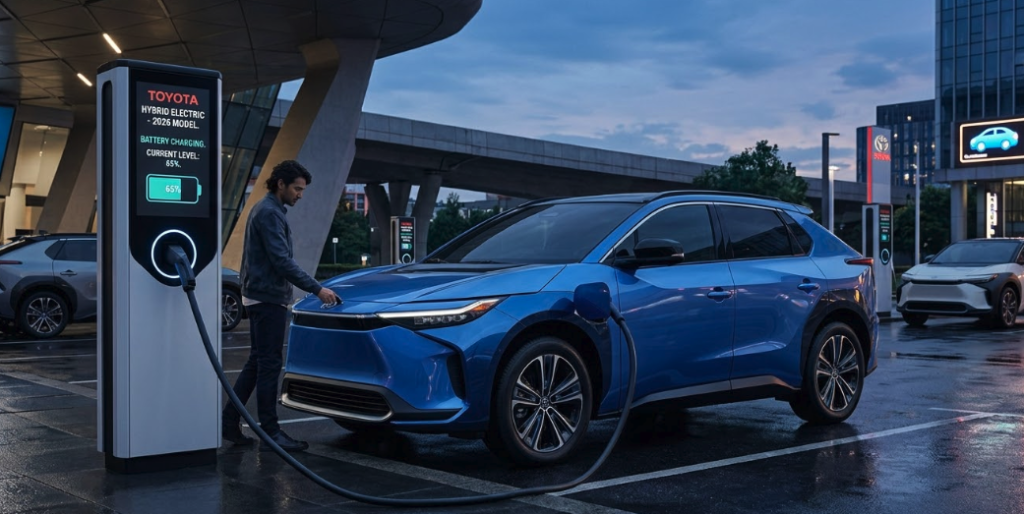 Toyota hybrid vehicle near charging station representing electrified Toyota ownership