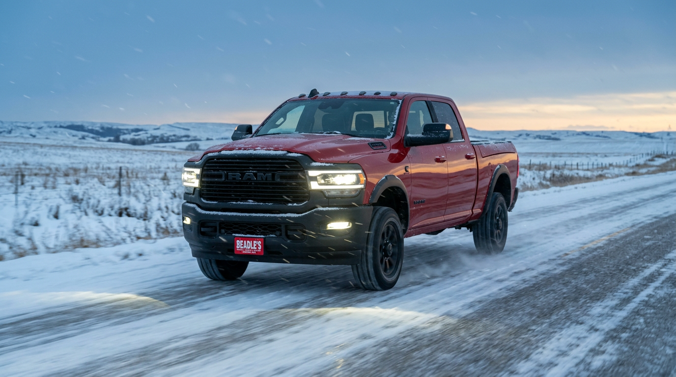 Ram 2500 on a snowy South Dakota highway, winter prep