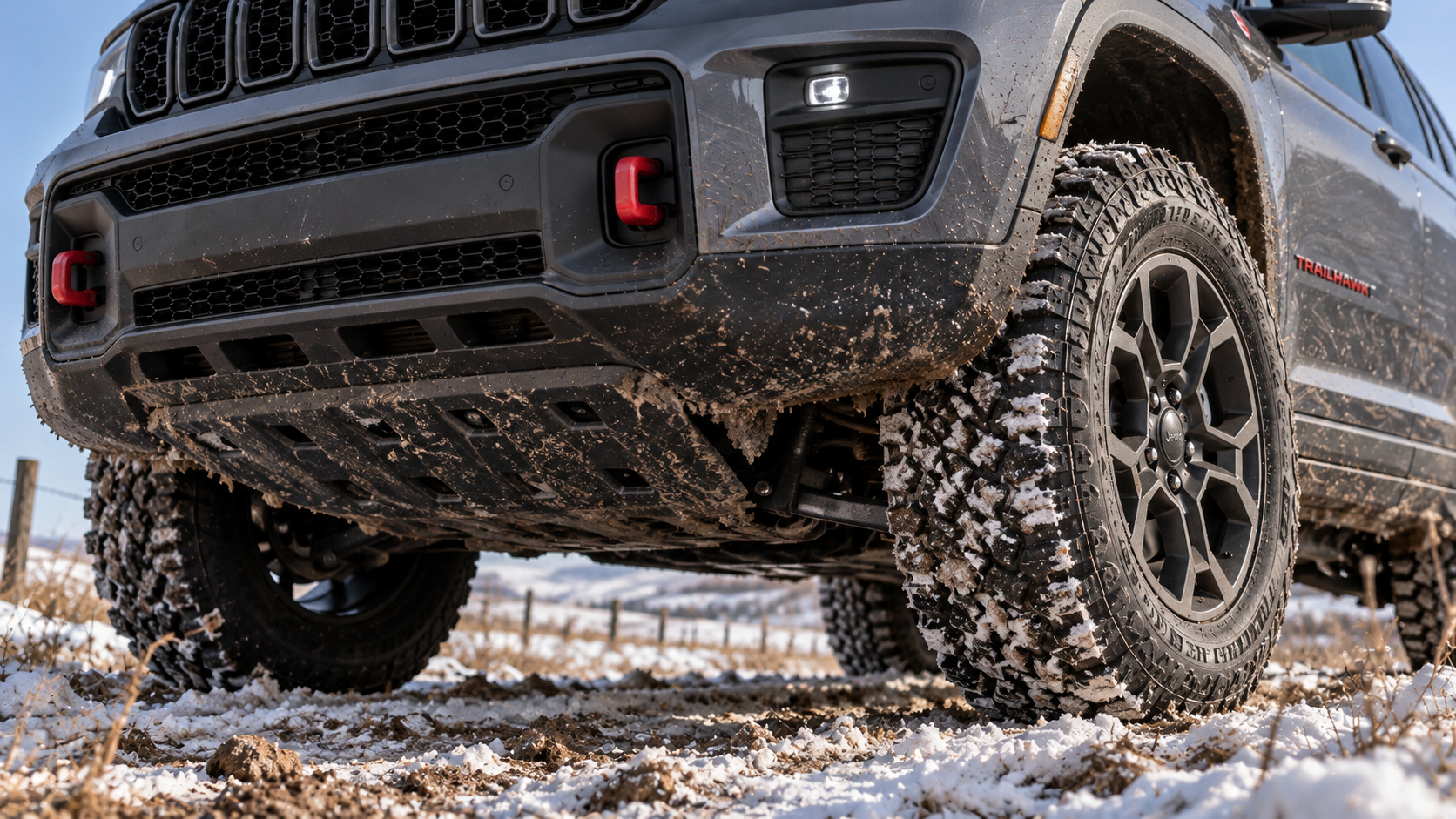 2027 Jeep Grand Cherokee Trailhawk skid plate and all-terrain tire detail, at Beadle's Chrysler Center