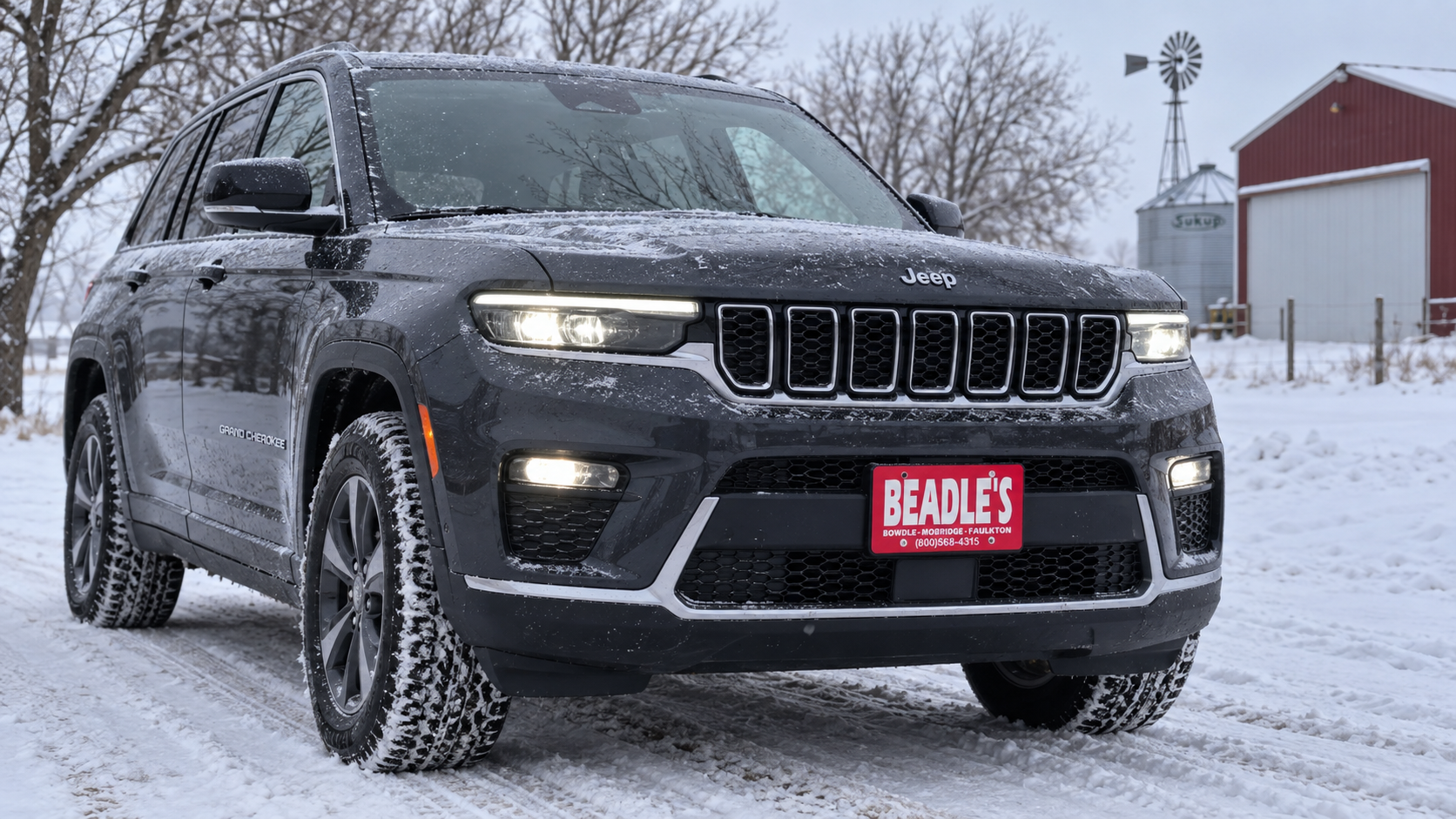 2026 Jeep Grand Cherokee 4x4 in deep snow in South Dakota, at Beadle's Chrysler Center