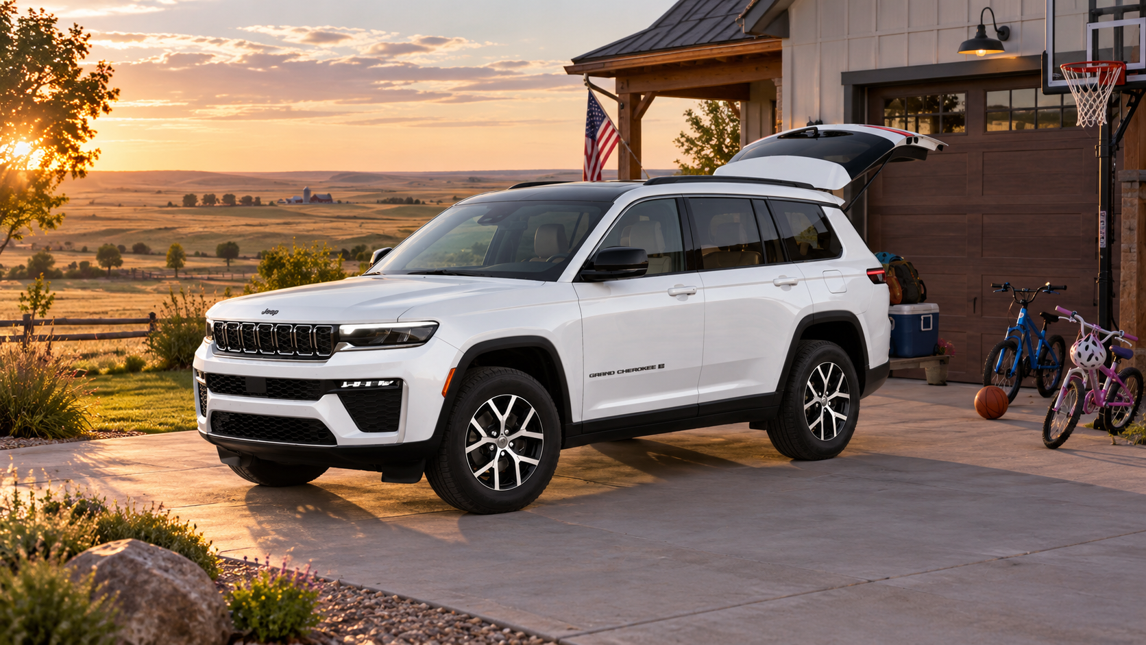 White 2026 Jeep Grand Cherokee L parked at a rural South Dakota home, at Beadle's Chrysler Center