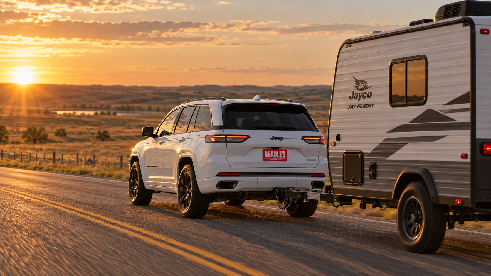 2026 Jeep Grand Cherokee towing a camper on a South Dakota highway, at Beadle's Chrysler Center