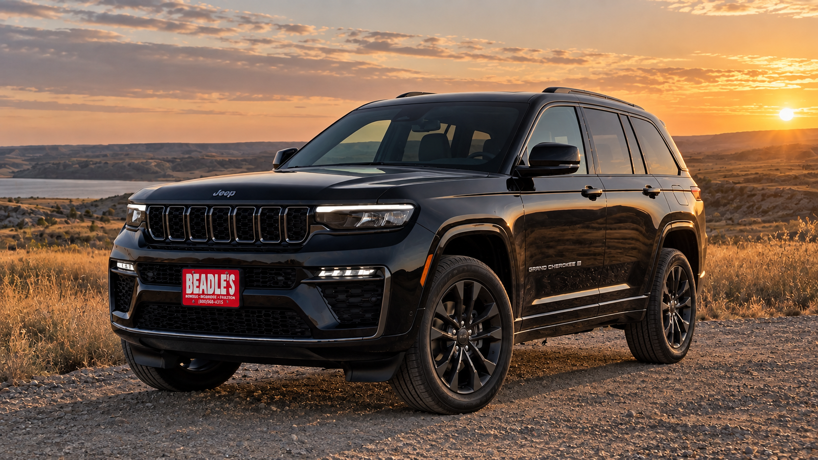 2026 Jeep Grand Cherokee in black on the open South Dakota prairie, at Beadle's Chrysler Center
