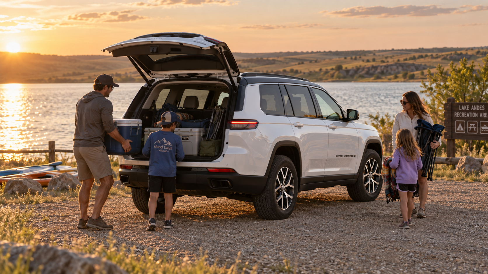 2026 Jeep Grand Cherokee L with a family at a South Dakota lake, at Beadle's Chrysler Center
