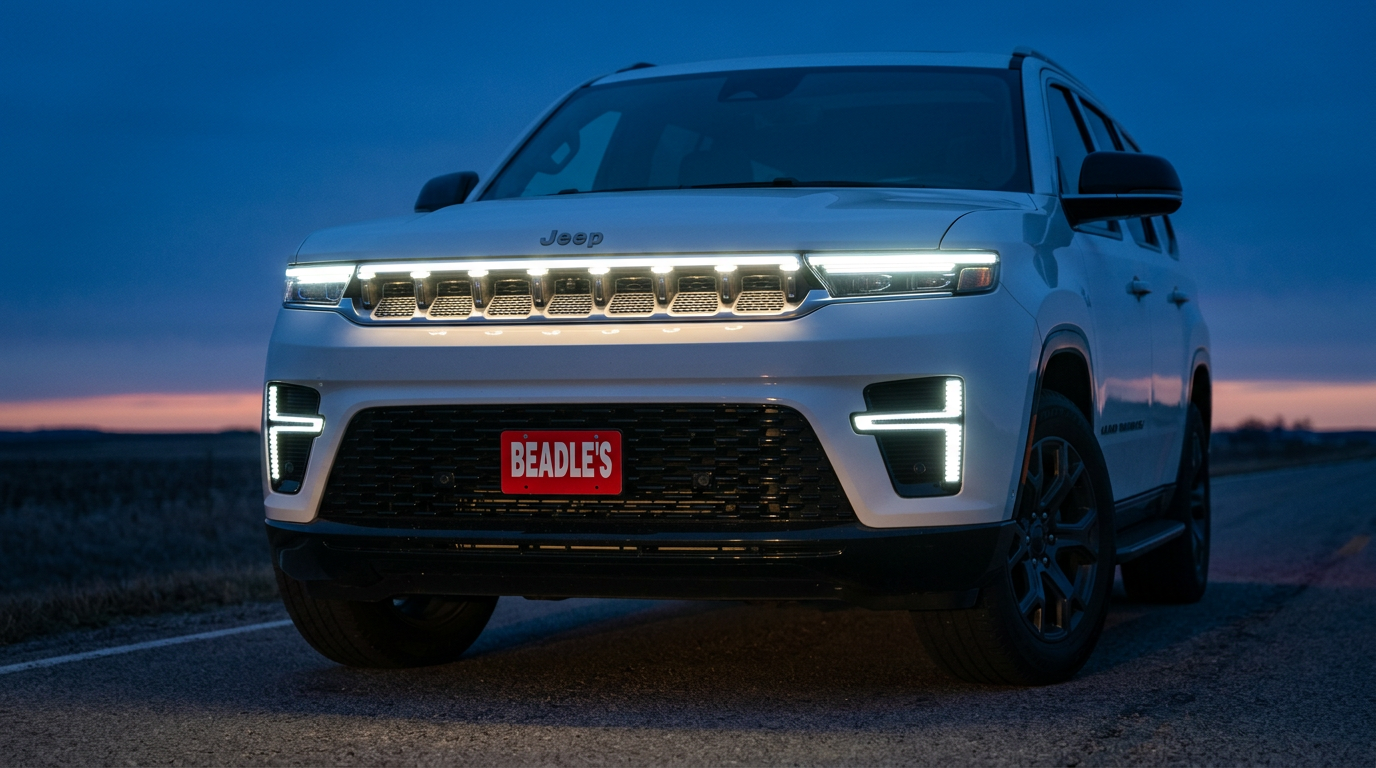 Close-up of the 2026 Jeep Grand Wagoneer L's seven-slot grille and full LED headlights illuminated at twilight, showcasing the 2026 refresh