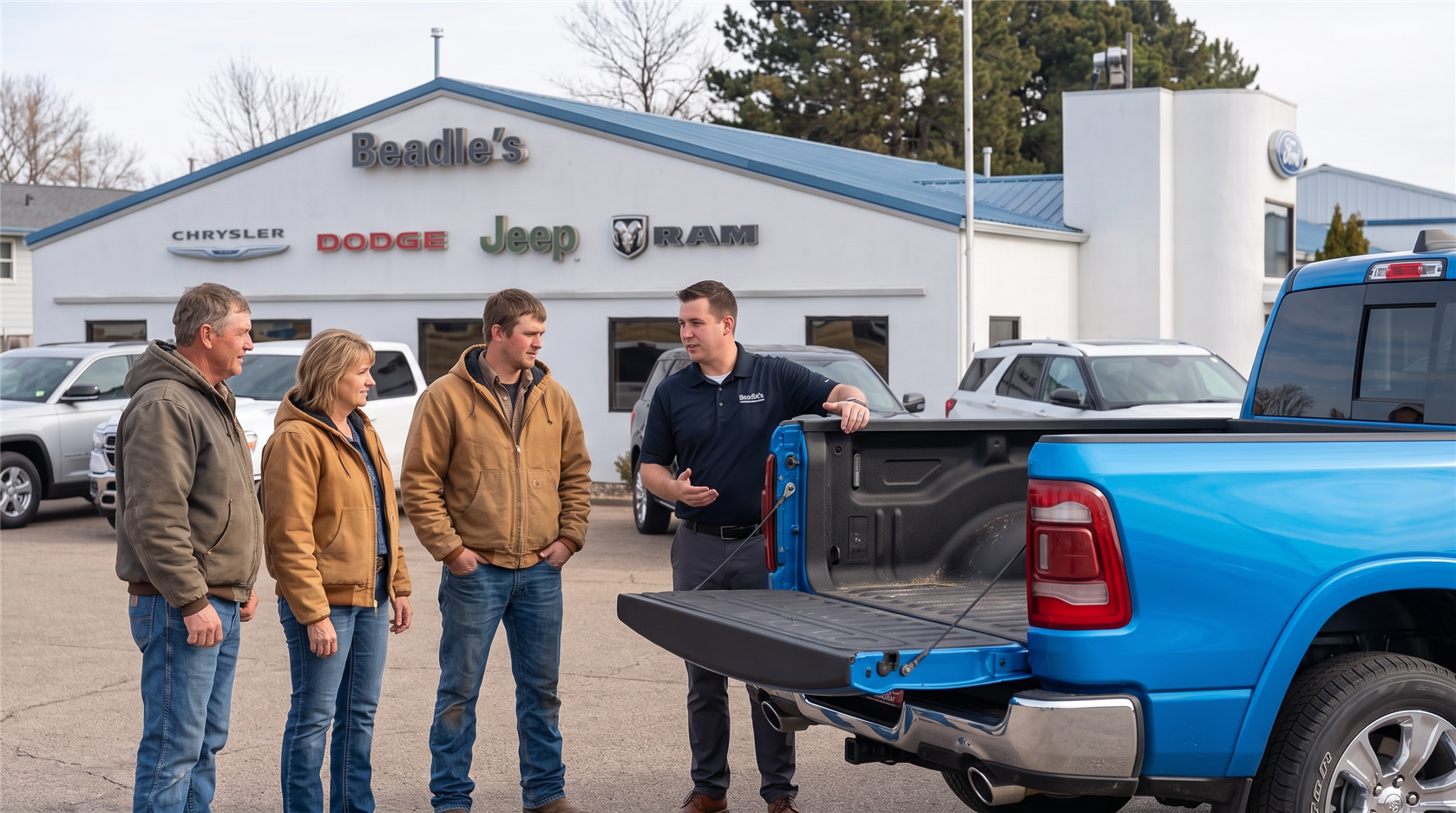 Ram 1500 tailgate conversation on the lot in Bowdle South Dakota