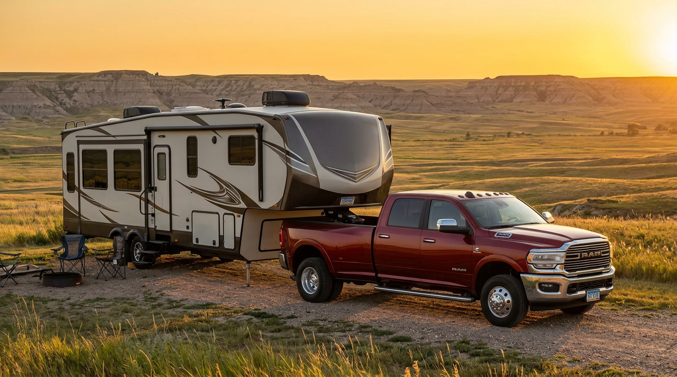 Ram 3500 dually at a Northern Plains ranch at golden hour