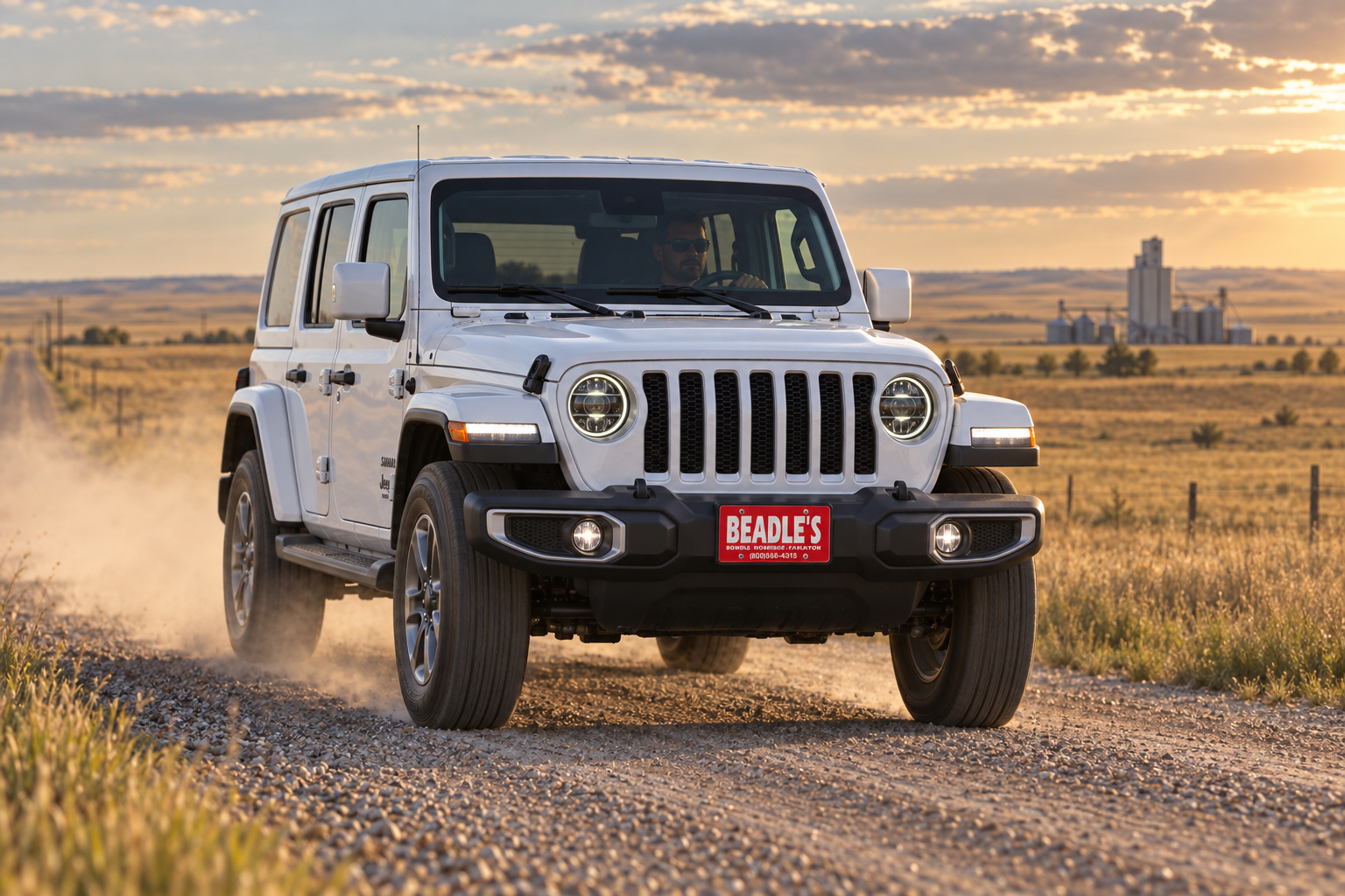 2026 Jeep Wrangler Sahara 4-door on a South Dakota gravel road, at Beadle's Chrysler Center
