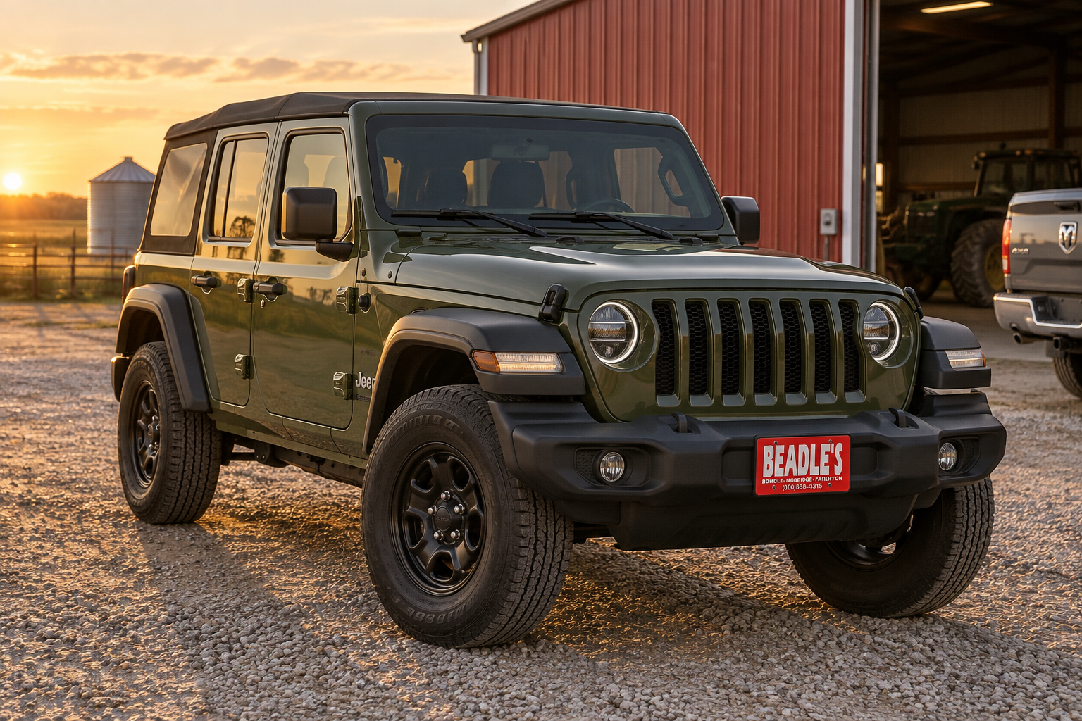 Green Jeep Wrangler Sport 4-Door parked in a South Dakota farmyard, at Beadle's Chrysler Center