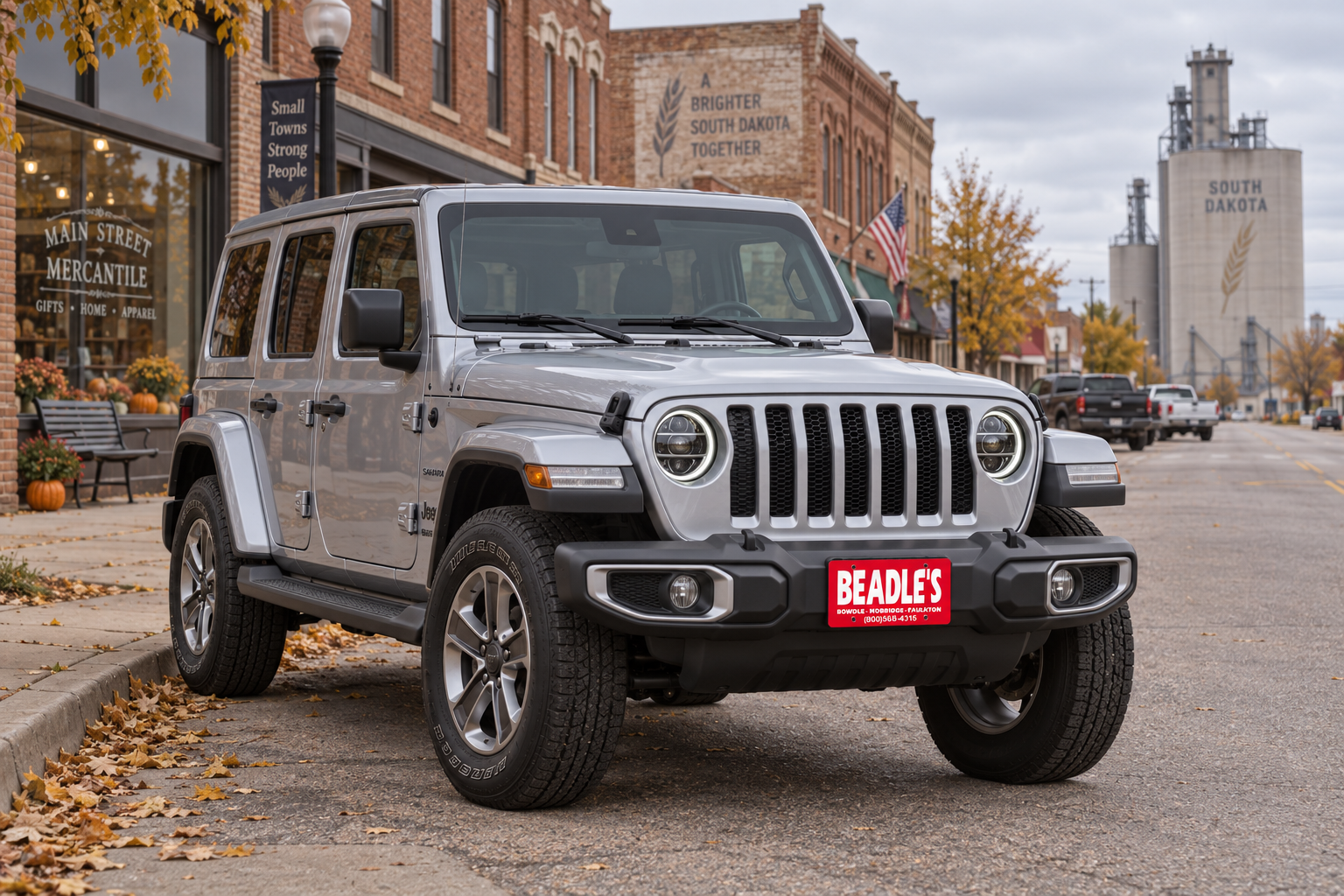 Silver Jeep Wrangler Sahara 4-Door with a body-color hardtop parked on main street in Bowdle, South Dakota, at Beadle's Chrysler Center