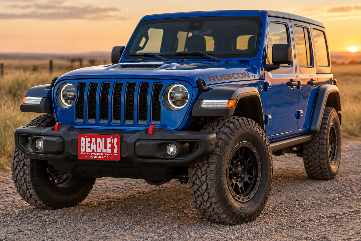 Close-up of a blue 2026 Jeep Wrangler Rubicon with red tow hooks and 35-inch tires, at Beadle's Chrysler Center