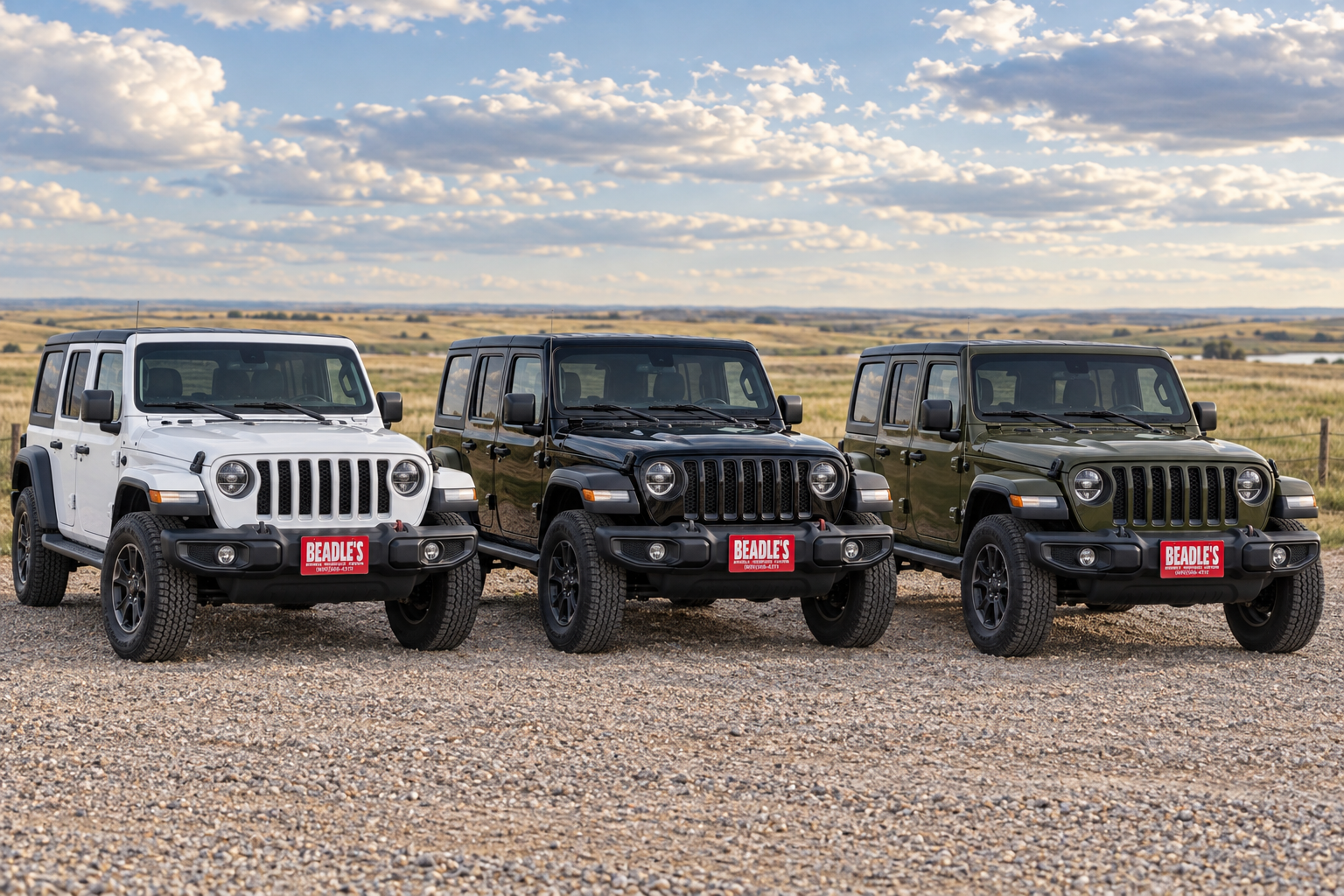 Three 2027 Jeep Wrangler 4-Doors in different colors lined up on gravel in South Dakota, at Beadle's Chrysler Center
