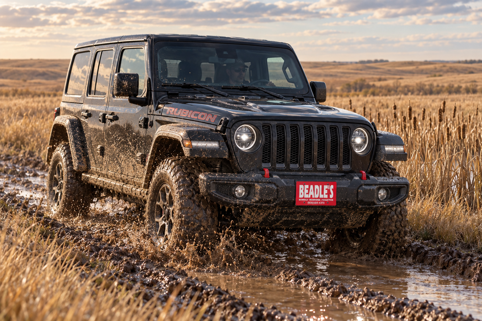 Muddy 2026 Jeep Wrangler Rubicon parked at the edge of a cattail slough in South Dakota, at Beadle's Chrysler Center