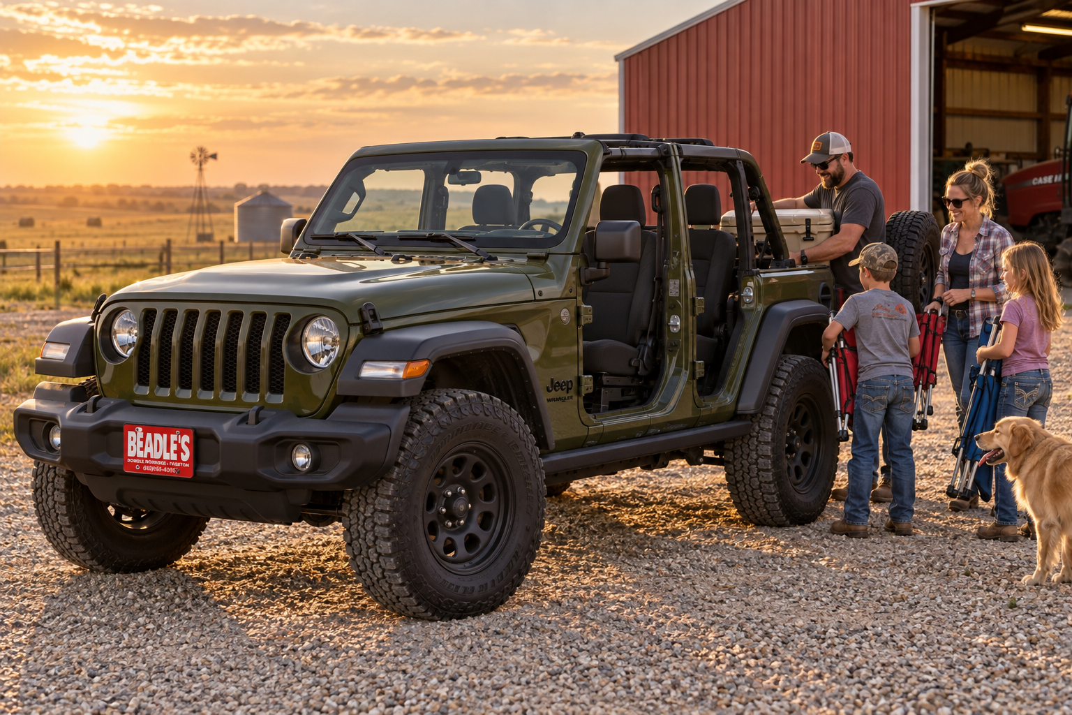 2026 Jeep Wrangler 4-door with the top and doors off in a South Dakota farmyard with a family loading up, at Beadle's Chrysler Center