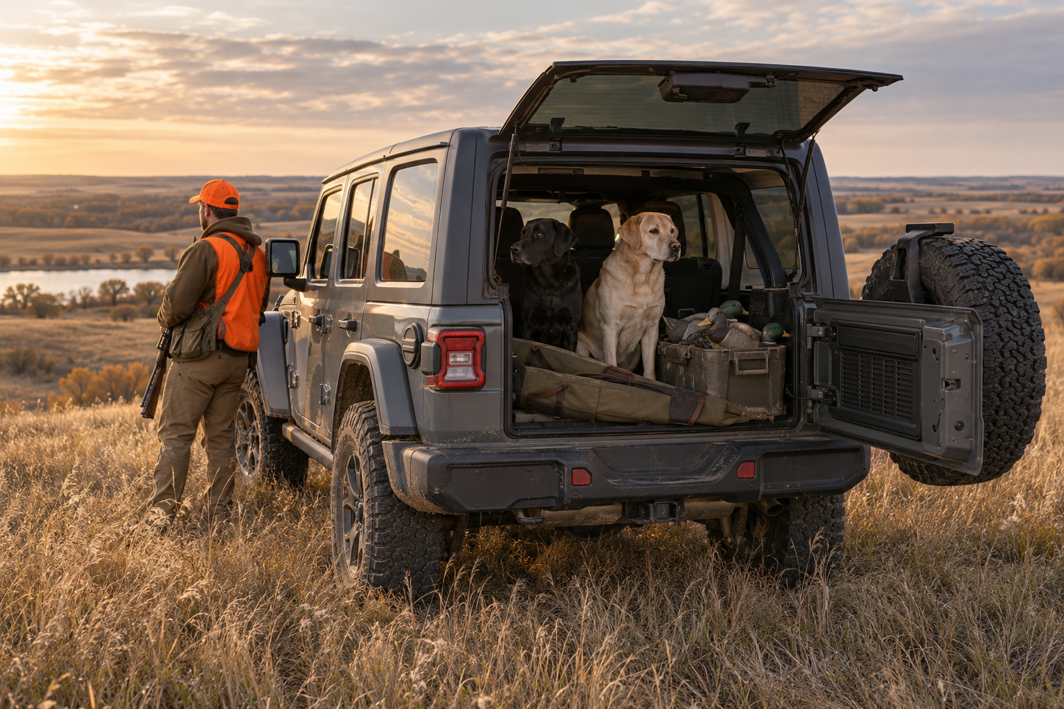 Jeep Wrangler tailgate open with two Labrador retrievers and hunting gear at a South Dakota CRP field, at Beadle's Chrysler Center