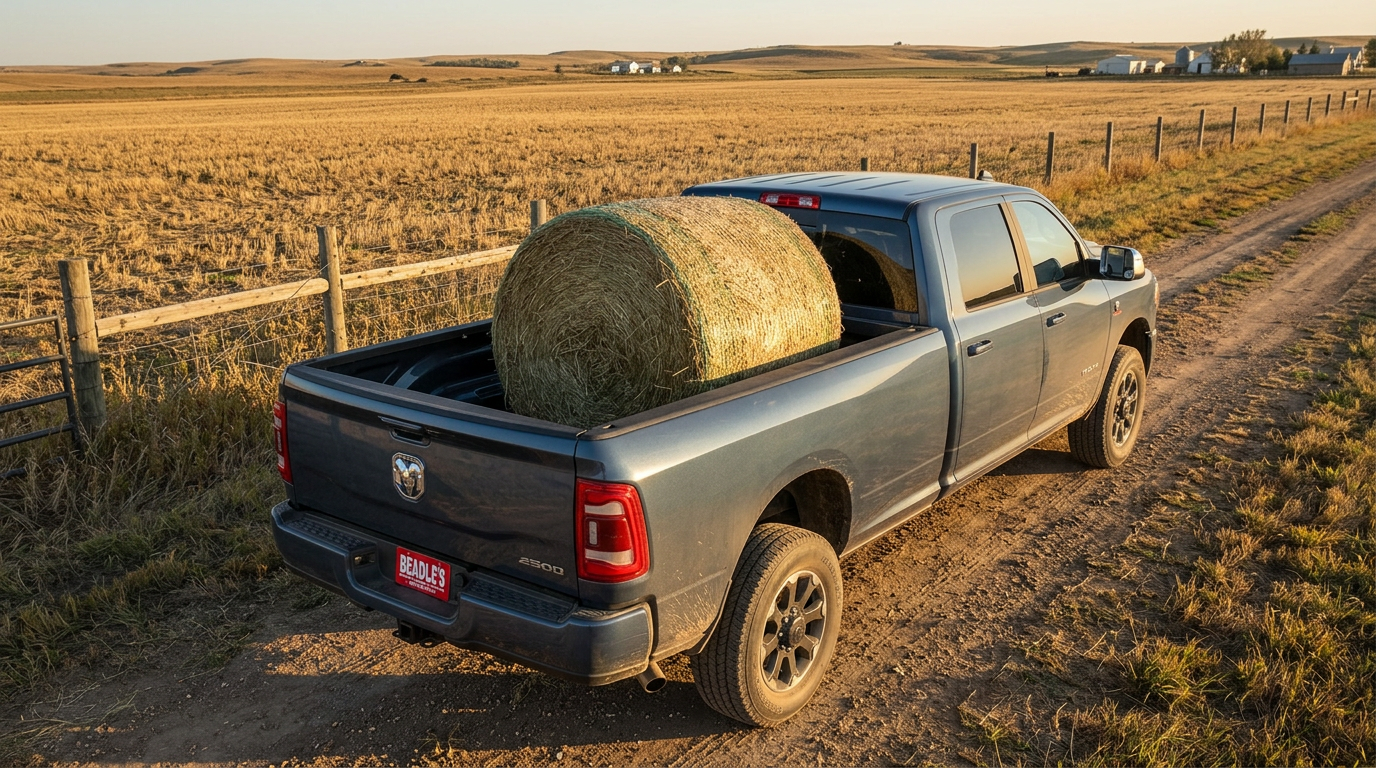 Ram 2500 hauling hay along a SD ranch fence, Bowdle area
