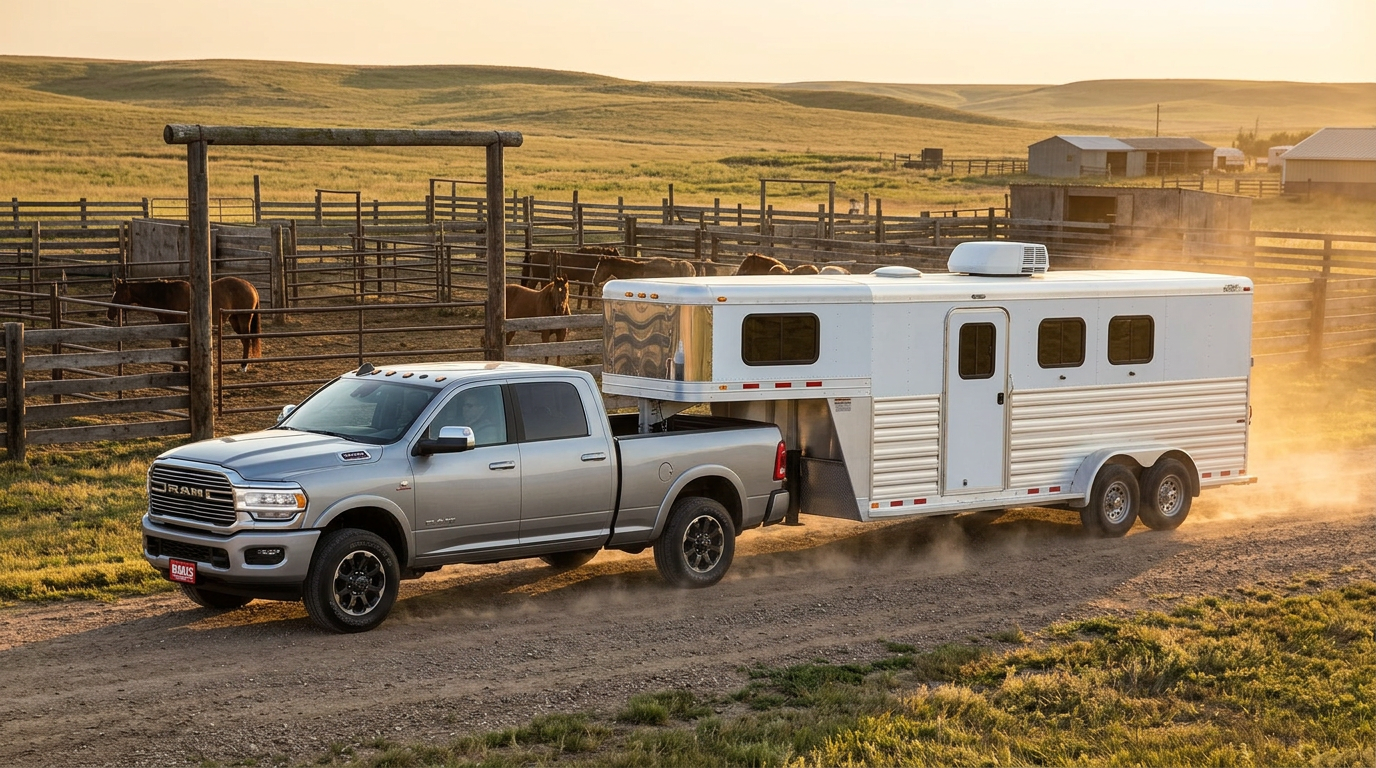 2026 Ram 2500 pulling a gooseneck livestock trailer