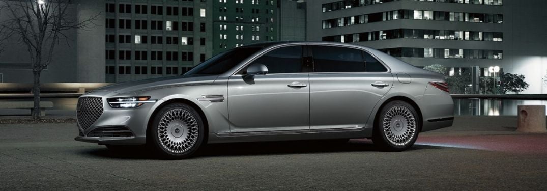 Gray 2022 Genesis G90 Side Exterior in Parking Lot at Night