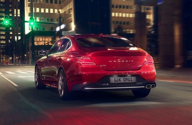Red 2022 Genesis G70 Rear Exterior at Night