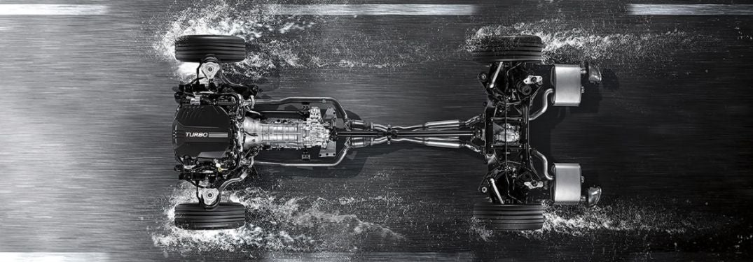 Black and White Overhead View of 2021 Genesis G70 AWD System on a Wet Street