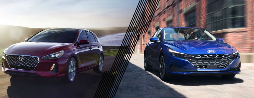Red 2020 Hyundai Elantra GT and blue 2021 Hyundai Elantra