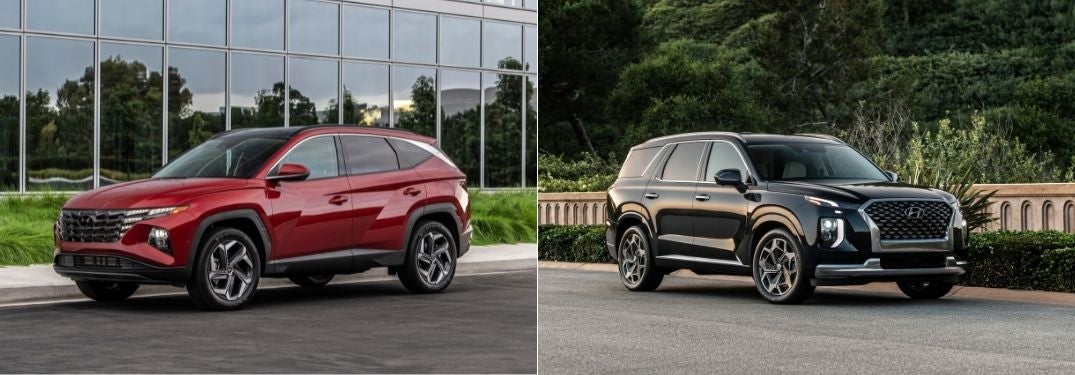 Red 2022 Hyundai Tucson Front Exterior vs Black 2022 Hyundai Palisade Front Exterior