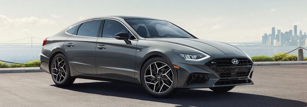 Gray 2021 Hyundai Sonata Front Exterior Next to Water
