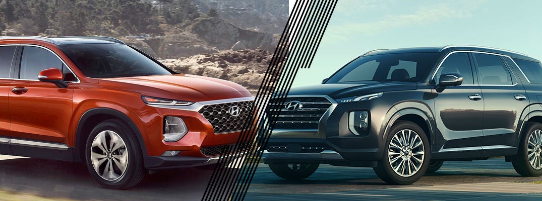 Orange 2020 Hyundai Santa Fe and grey 2020 Hyundai Palisade