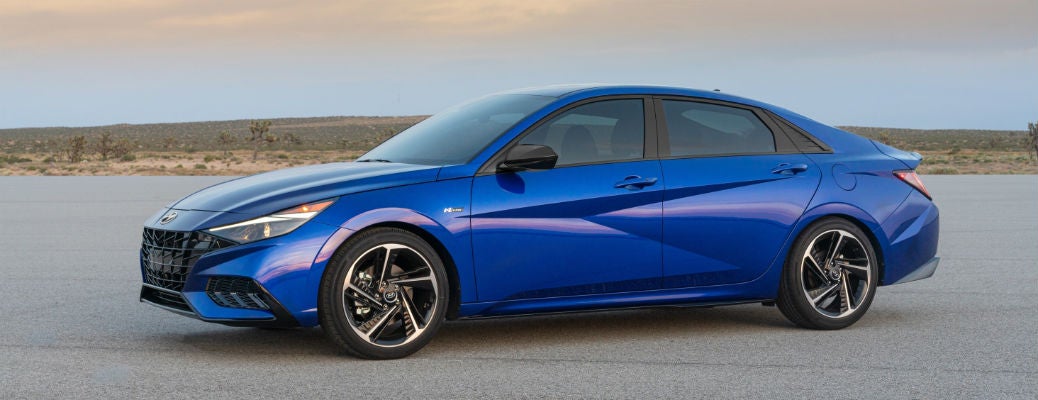 Side view of blue 2021 Hyundai Elantra N Line