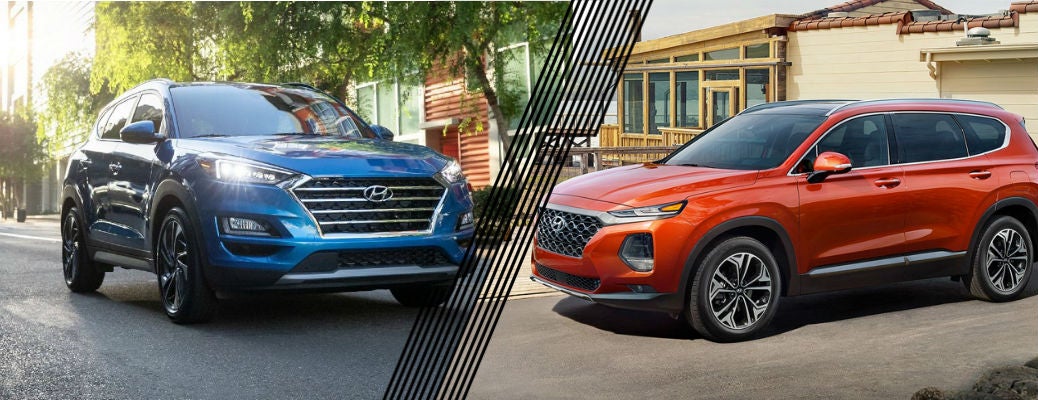 Blue 2021 Hyundai Tucson and red 2020 Hyundai Santa Fe