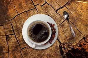 Cup of coffee in a white mug on top of a tree stump near Wooster, OH