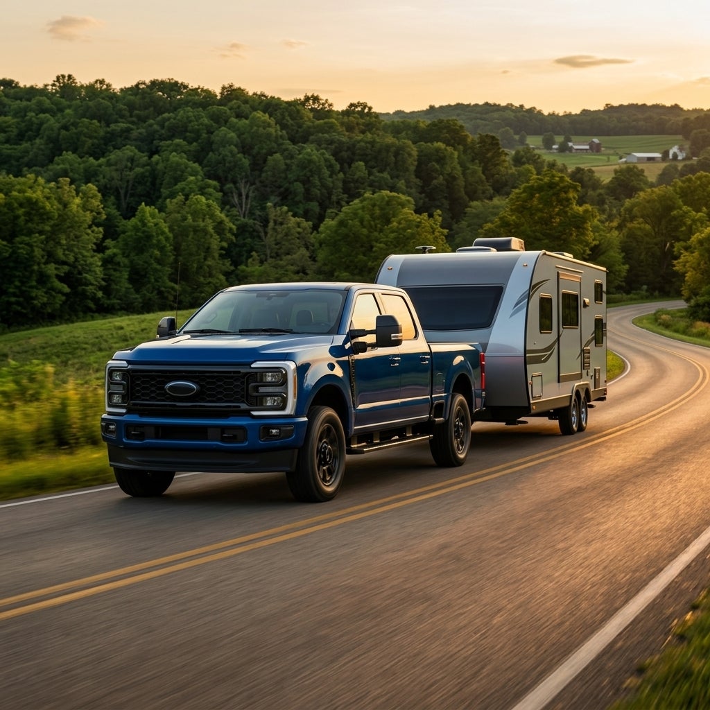Blue pickup truck towing a grey travel trailer along a winding country road during golden hour. (Representative image for illustration purposes only. Actual vehicle may vary based on trim and configuration.)